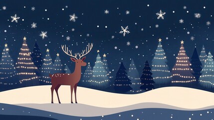 Reindeer in a Snowy Christmas Forest at Night