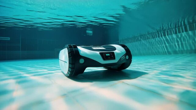 Underwater pool cleaning robot with blue water, sunlight reflection, automatic technology, efficient submerged maintenance, modern innovation, and smart aquatic electronic cleaner for clear pool