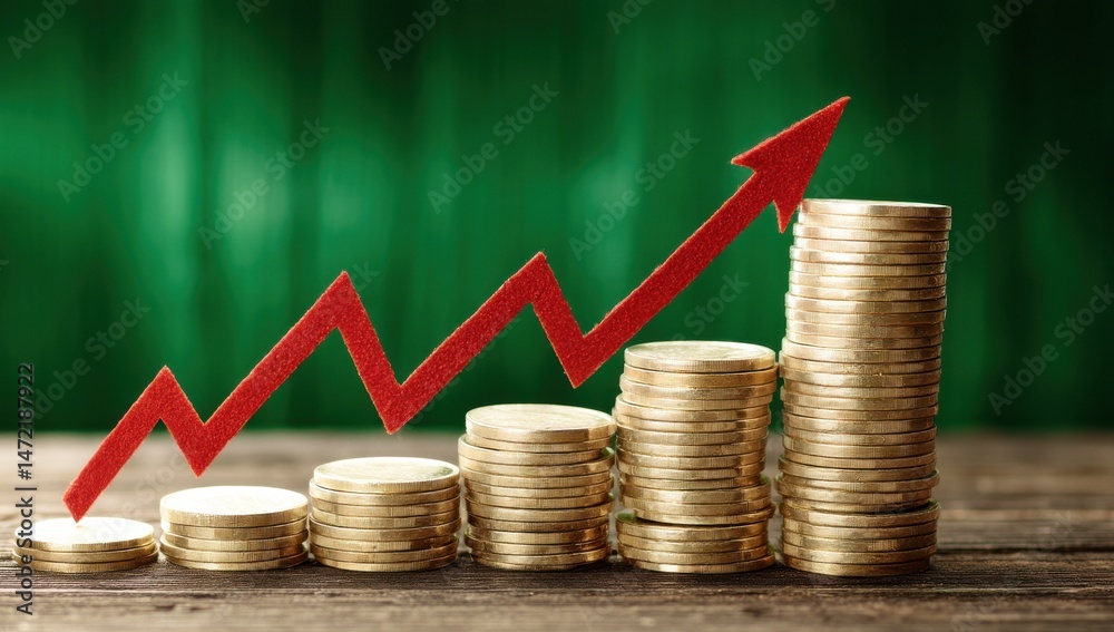 Poster ascending stacks of gold coins with a red upward arrow illustrating financial growth and economic pr