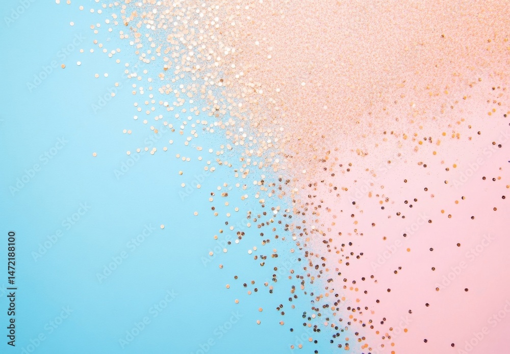 Poster pastel pink and blue background with scattered gold glitter, creating a festive and elegant design p