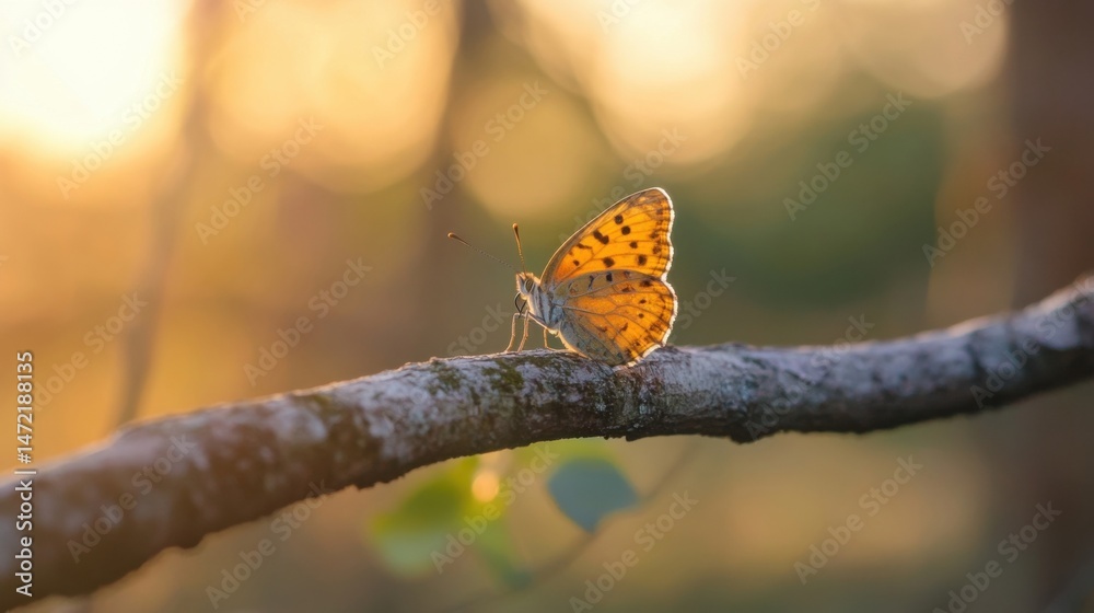 Poster a small orange butterfly rests on a tree branch at sunset, bathed in warm golden light, creating a s