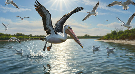 Pelican Taking Off Over Water with Seagulls