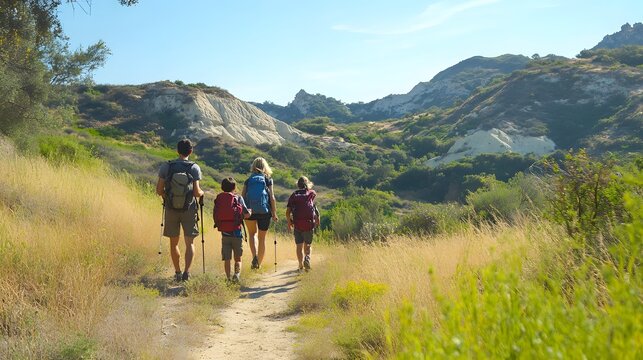 Family spending time outdoors hiking to stay active together