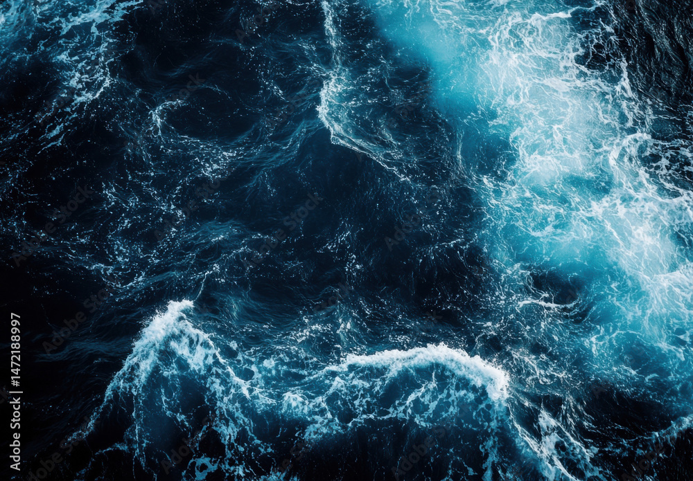 Aufkleber aerial view of deep blue ocean water with whitecaps and foam, showing contrasting textures and shade