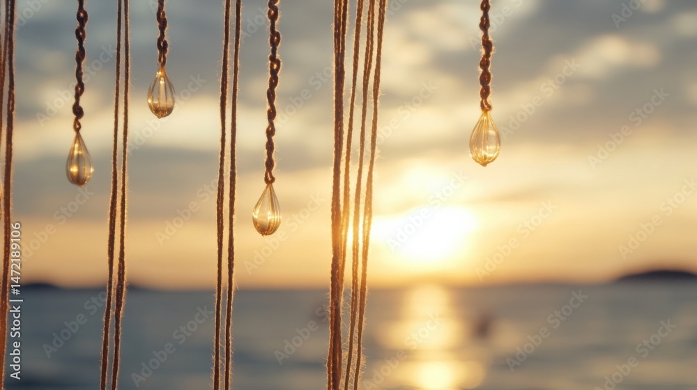 Poster Sunset beach scene with decorative glass teardrop ornaments hanging from macrame cords, creating a romantic and serene atmosphere. : Generative AI