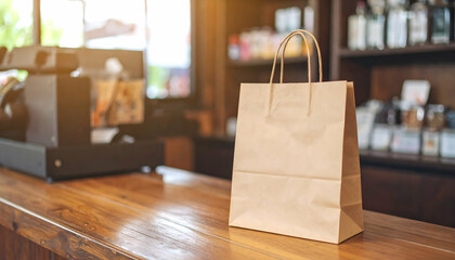Brown paper shopping bag on wood countertop in warm sunlight cafe