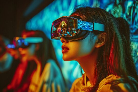 Students wearing AR glasses to explore a virtual environment