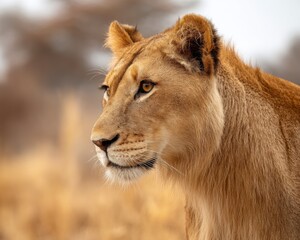 Obraz premium Close-up portrait of a lioness in the savanna, with detailed fur and an intense gaze. The soft-focus background depicts the African plains. 