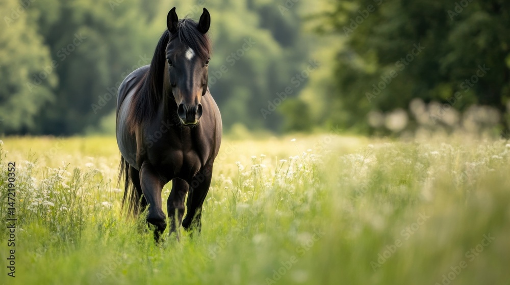 Aufkleber a majestic black horse with a white blaze calmly walks towards the camera through a vibrant green fi