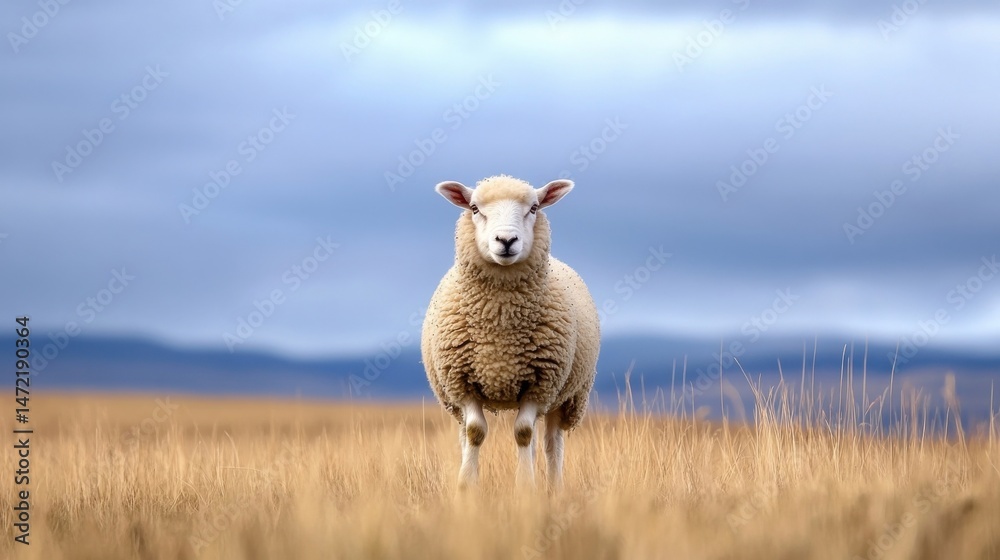 Poster a single sheep stands in a field of tall, golden grass under a dramatic, cloudy sky, gazing directly