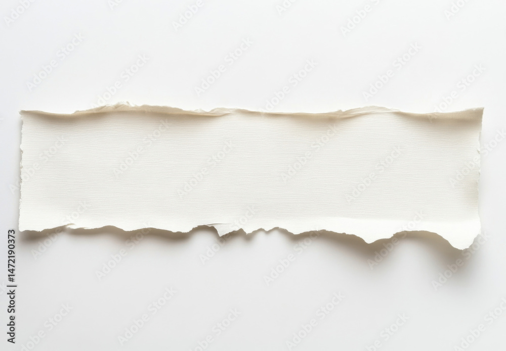 Aufkleber A torn piece of off-white textured paper with irregular edges rests on a plain white background, offering a minimalist design element. : Generative AI