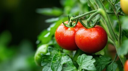 Two ripe red tomatoes glistening with water droplets hang on a vibrant green tomato plant, showcasing the freshness of homegrown produce. : Generative AI