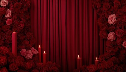 Romantic Red Floral Arrangement with Velvet Curtains and Candlelight