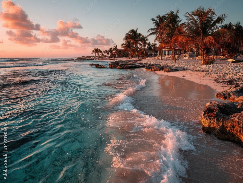 Poster Serene sunset over a tropical beach with palm trees and turquoise water gently lapping the shore, creating a tranquil and picturesque scene. : Generative AI