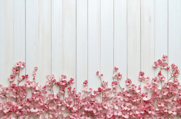 Pink flowers border on white wooden planks background. Delicate floral arrangement, perfect for spring or wedding themes, feminine design. : Generative AI