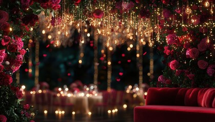 Obraz premium Romantic Wedding Reception Decor with Red Flowers and Candlelight