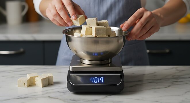 Measuring tofu cubes on a kitchen scale for precise weight loss food preparation - Powered by Adobe