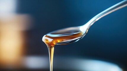 Golden honey flows from a spoon, creating a glistening, viscous stream against a blurred blue and beige background.  The image showcases the texture and color of the honey in exquisite : Generative AI