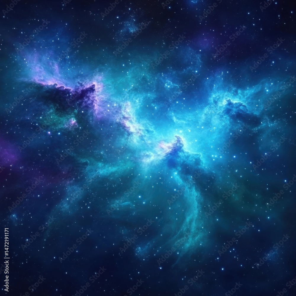 Poster A mesmerizing cosmic nebula, swirling with vibrant teal and purple hues, scattered with countless twinkling stars across a deep blue expanse of space.  The image evokes a sense of wond : Generative AI