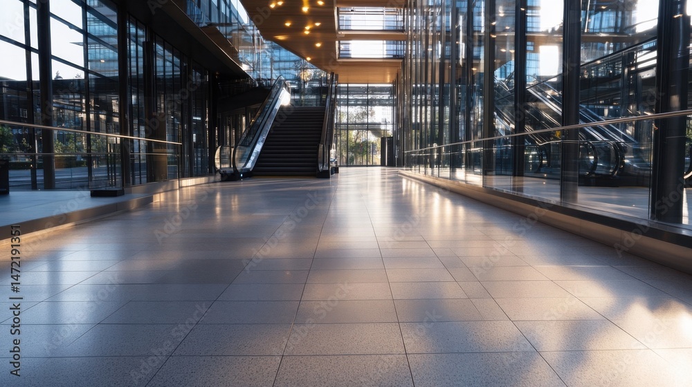 Poster modern building interior with escalators and stairs, sunlight streaming through glass walls, creatin