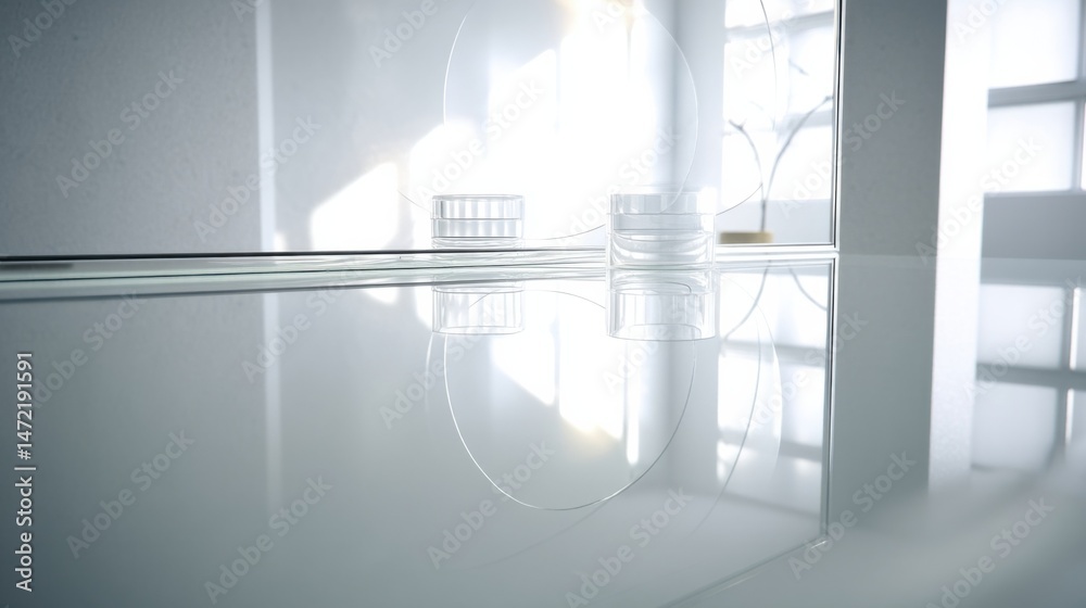 Aufkleber two clear glass containers sit on a reflective surface, reflecting light and creating a minimalist, 