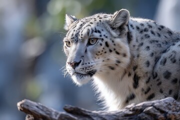 Close-up portrait of a snow leopard, sitting on a tree branch in a zoo background. The image showcases the detailed skin and fur texture of the animal.