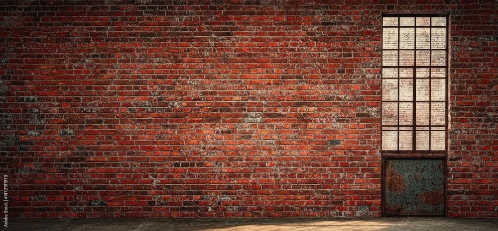 Poster rustic red brick wall with aged window and door