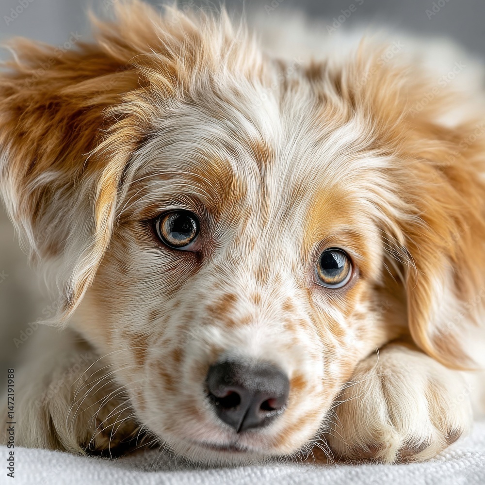 Poster adorable red merle border collie puppy rests its head on a soft white surface, its big, expressive e