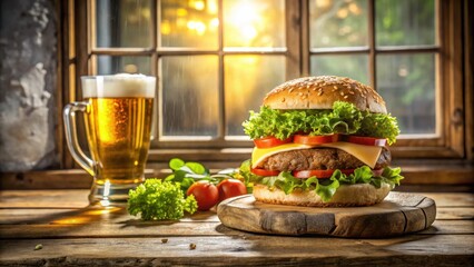 Rustic window scene featuring a juicy burger and a frosty mug of beer on a wooden table