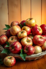 A vibrant still life of freshly picked apples, arranged artfully in a woven basket or a shallow, ornate bowl, set against a soft, creamy background