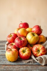 A vibrant still life of freshly picked apples, arranged artfully in a woven basket or a shallow, ornate bowl, set against a soft, creamy background