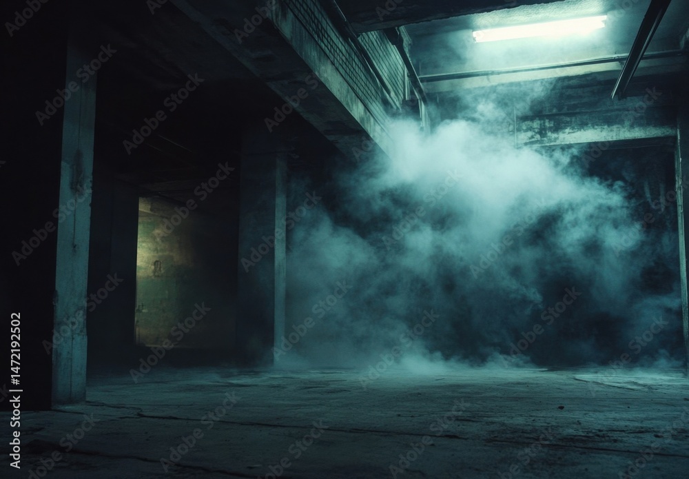Poster mysterious, smoky atmosphere in an abandoned, dimly lit concrete basement with visible pillars and a