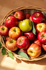 A vibrant still life of freshly picked apples, arranged artfully in a woven basket or a shallow, ornate bowl, set against a soft, creamy background