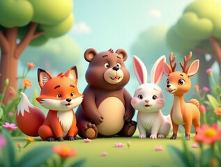 Naklejka premium Cute low poly animal collection in a 3D environment, including a fox, bear, rabbit, and deer