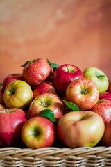 A vibrant still life of freshly picked apples, arranged artfully in a woven basket or a shallow, ornate bowl, set against a soft, creamy background