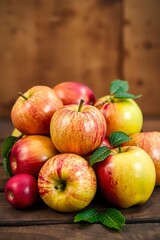 A vibrant still life of freshly picked apples, arranged artfully in a woven basket or a shallow, ornate bowl, set against a soft, creamy background