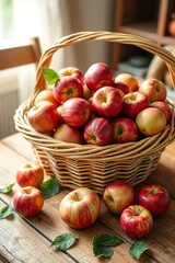 A vibrant still life of freshly picked apples, arranged artfully in a woven basket or a shallow, ornate bowl, set against a soft, creamy background