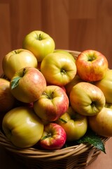 A vibrant still life of freshly picked apples, arranged artfully in a woven basket or a shallow, ornate bowl, set against a soft, creamy background