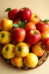 A vibrant still life of freshly picked apples, arranged artfully in a woven basket or a shallow, ornate bowl, set against a soft, creamy background
