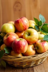 A vibrant still life of freshly picked apples, arranged artfully in a woven basket or a shallow, ornate bowl, set against a soft, creamy background