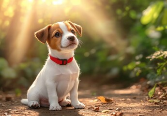 Adorable Jack Russell Terrier puppy sits outdoors in sunlight, wearing a red collar, looking up hopefully.  Golden hour light illuminates the scene. : Generative AI