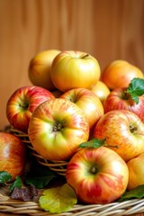 A vibrant still life of freshly picked apples, arranged artfully in a woven basket or a shallow, ornate bowl, set against a soft, creamy background