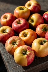 A vibrant still life of freshly picked apples, arranged artfully in a woven basket or a shallow, ornate bowl, set against a soft, creamy background