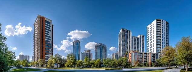 Obraz premium Modern residential high-rise buildings on a sunny day, surrounded by lush green trees and a paved walkway. : Generative AI