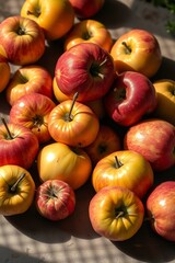 A vibrant still life of freshly picked apples, arranged artfully in a woven basket or a shallow, ornate bowl, set against a soft, creamy background