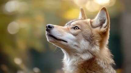 Obraz premium Majestic red wolf gazing upward, bathed in soft autumnal sunlight, its fur highlighted by the warm golden bokeh of the forest background. : Generative AI