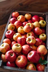 A vibrant still life of freshly picked apples, arranged artfully in a woven basket or a shallow, ornate bowl, set against a soft, creamy background