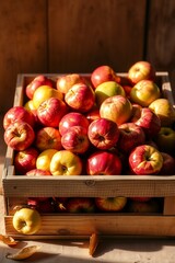 A vibrant still life of freshly picked apples, arranged artfully in a woven basket or a shallow, ornate bowl, set against a soft, creamy background