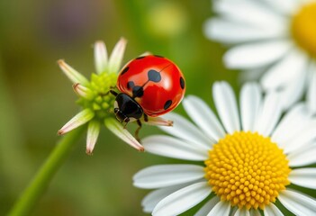 Fototapeta premium A vibrant red ladybug crawls up a chamomile stem Spring garden, summer bloom, plant, macro photography