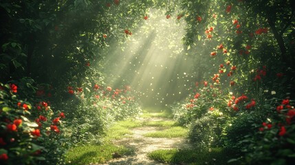 Fototapeta premium Sunlight path through a rose garden. Lush foliage and vibrant red roses